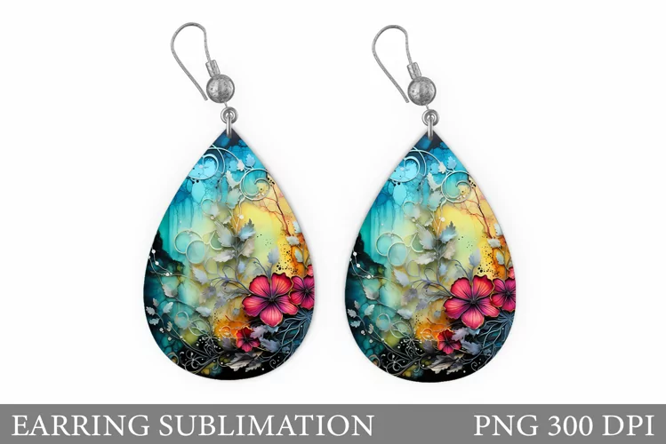 Alcohol Ink Flowers Earring. Flowers Teardrop Earring