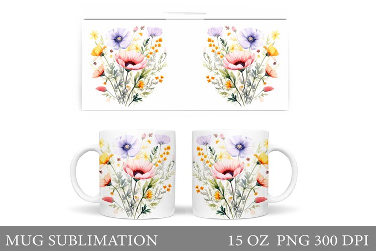 Wildflowers Mug Sublimation. Flowers Mug Wrap Template example image 1