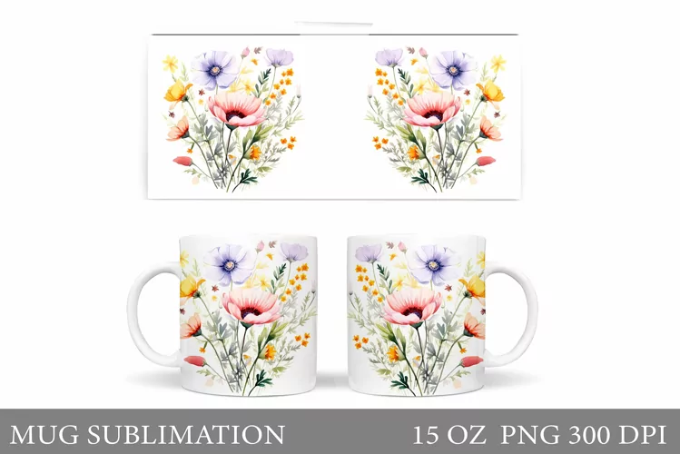 Wildflowers Mug Sublimation. Flowers Mug Wrap Template