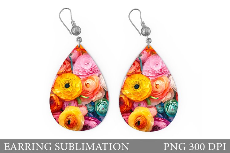 3D Flowers Earring Sublimation. Flowers Teardrop Earring example image 1