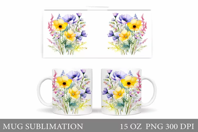 Wildflowers Mug Sublimation. Flowers Mug Wrap Design