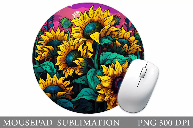Sunflowers Mouse Pad Design. Summer Round Mouse Pad Template