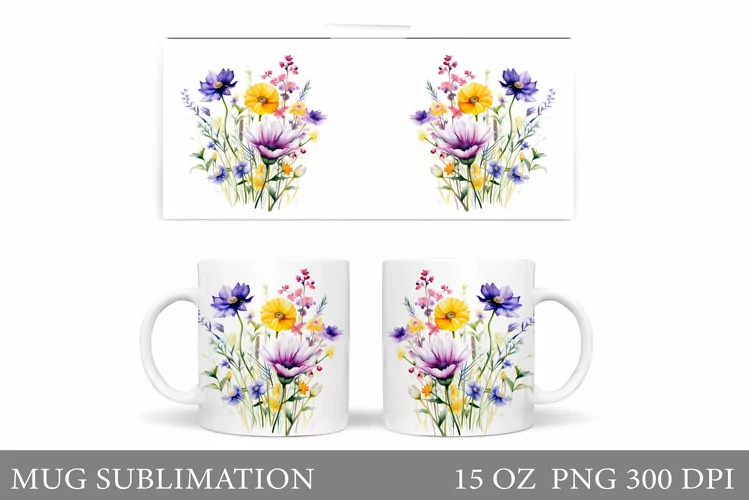 Wildflowers Mug Sublimation. Flowers Mug Wrap Design