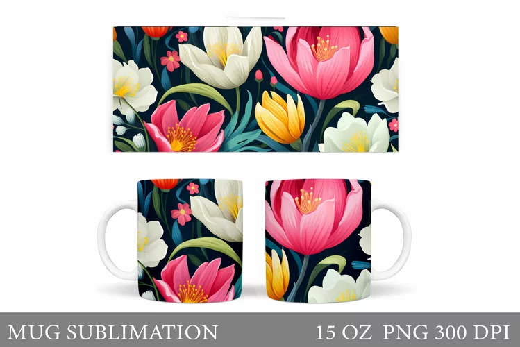 3D Flowers Mug Sublimation. Spring Mug Wrap Design