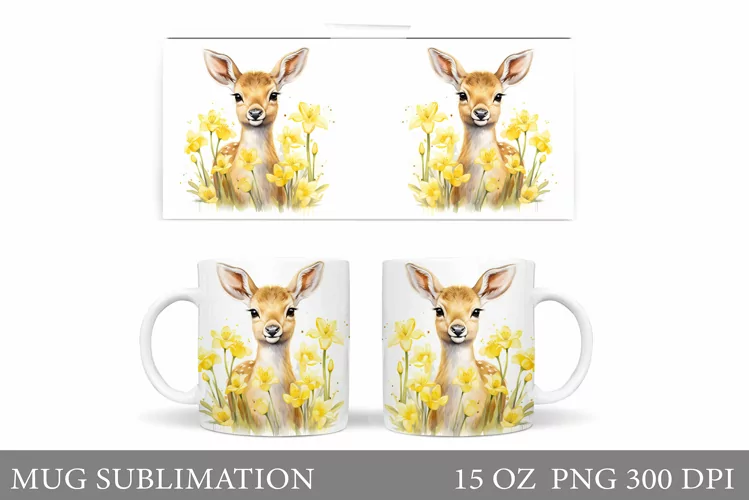 Spring Deer Mug Sublimation. Cute Deer Mug Wrap Design