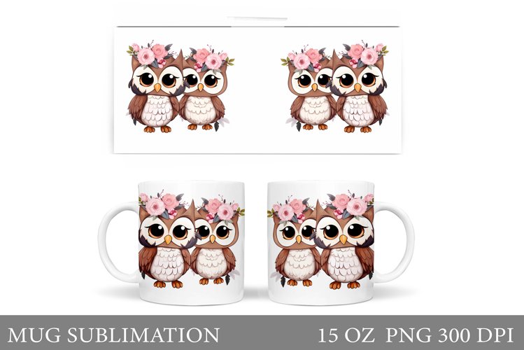 Cute Owls Mug Sublimation. Owls Flowers Mug Wrap Design example image 1
