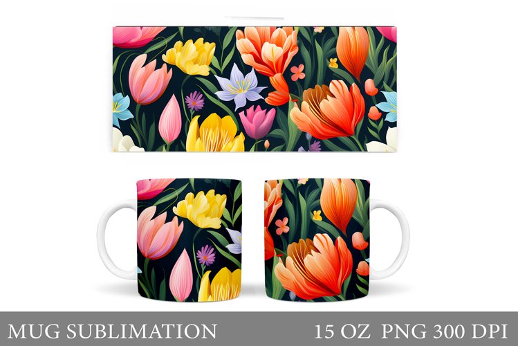 Flowers Mug Sublimation. Spring Flowers Mug Wrap Design