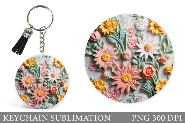 3D Flowers Round Keychain. Wildflowers Keychain Sublimation example image 1