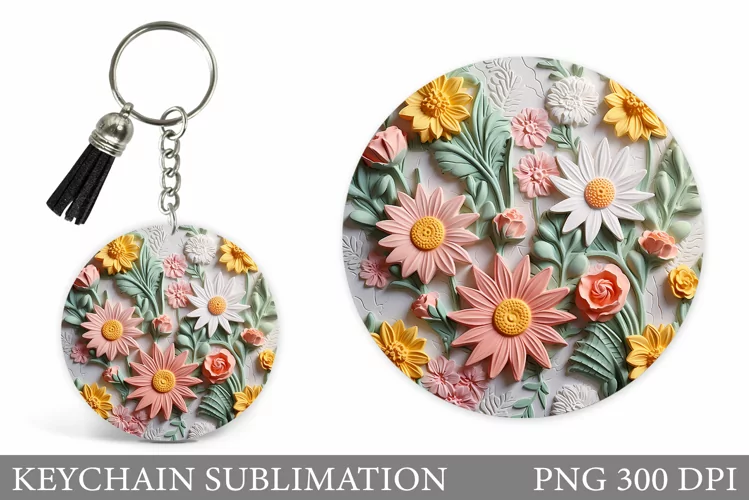 3D Flowers Round Keychain. Wildflowers Keychain Sublimation