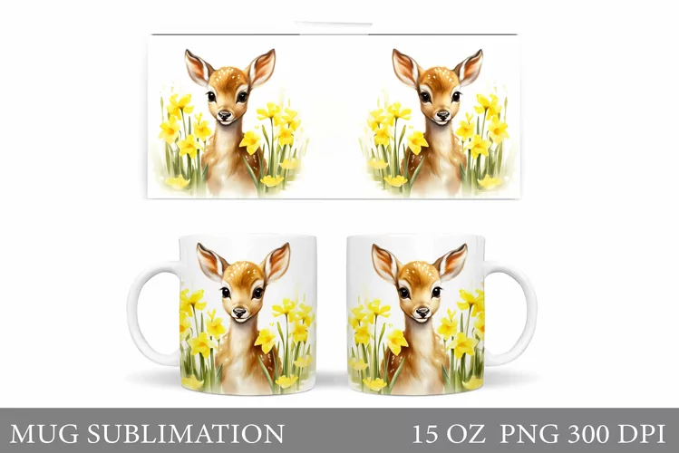 Spring Deer Mug Wrap Design. Cute Deer Mug Sublimation