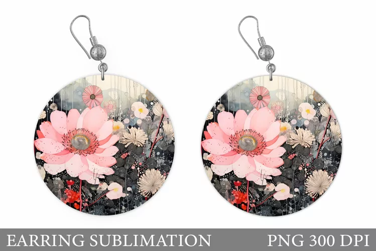 Flowers Earring Sublimation. Round Earring Flowers Design