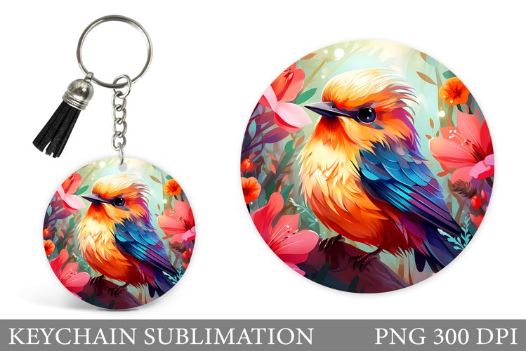 3D Bird Keychain Sublimation. Bird Flowers Round Keychain