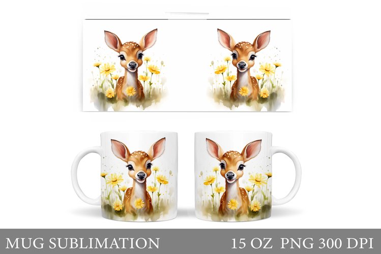 Cute Deer Mug Sublimation. Flowers Mug Wrap Design example image 1