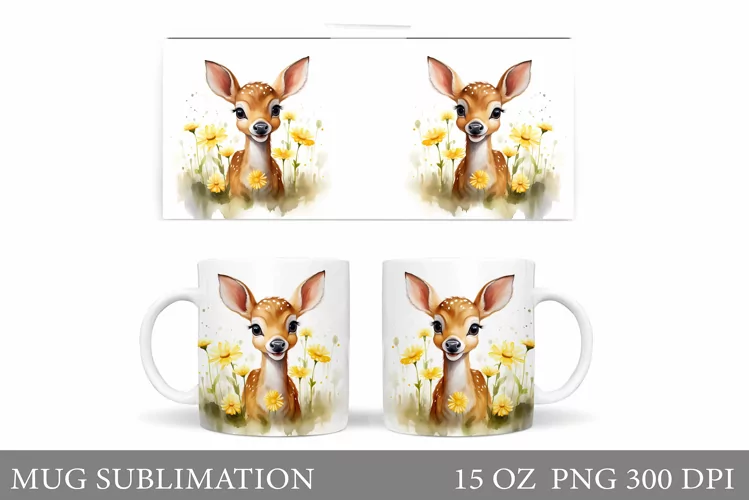 Cute Deer Mug Sublimation. Flowers Mug Wrap Design