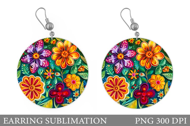Flowers Earring Sublimation. Floral Round Earring Design example image 1