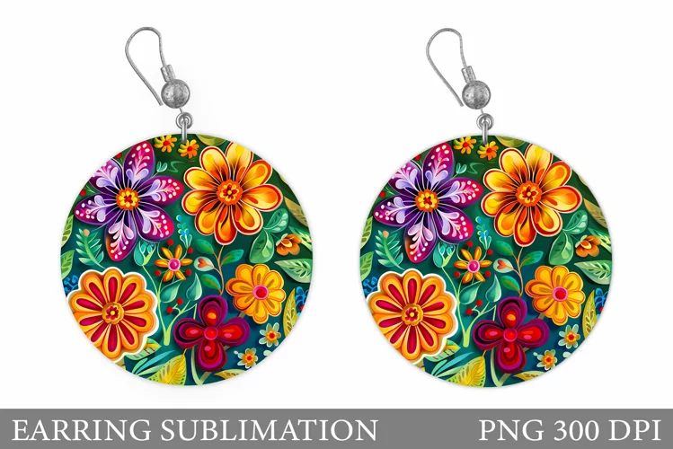 Flowers Earring Sublimation. Floral Round Earring Design