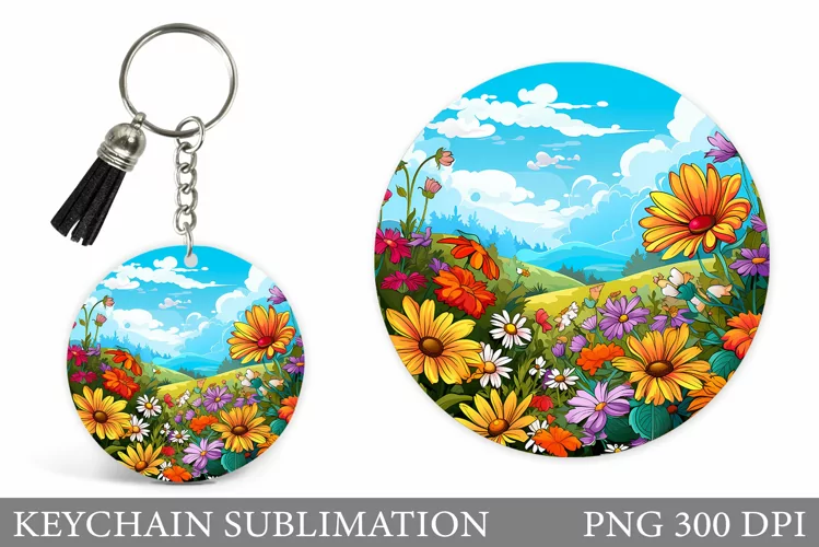Flowers Keychain Sublimation. Flowers Round Keychain Design