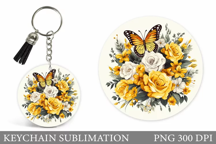 Butterfly Keychain Design. Flowers Keychain Sublimation