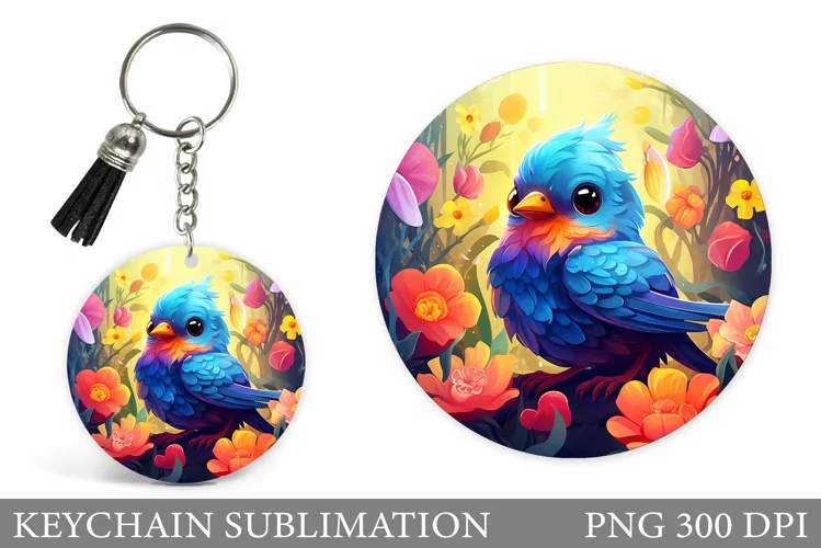 Cute Bird Keychain Sublimation. Bird Round Keychain Design