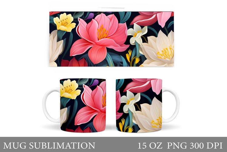 3D Flowers Mug Wrap Design. Flowers Mug Wrap Template