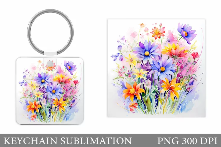 Wildflowers Keychain Sublimation. Square Keychain Flowers
