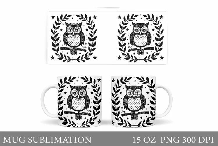 Cute Owl Mug Sublimation. Owl Flowers Mug Wrap Design