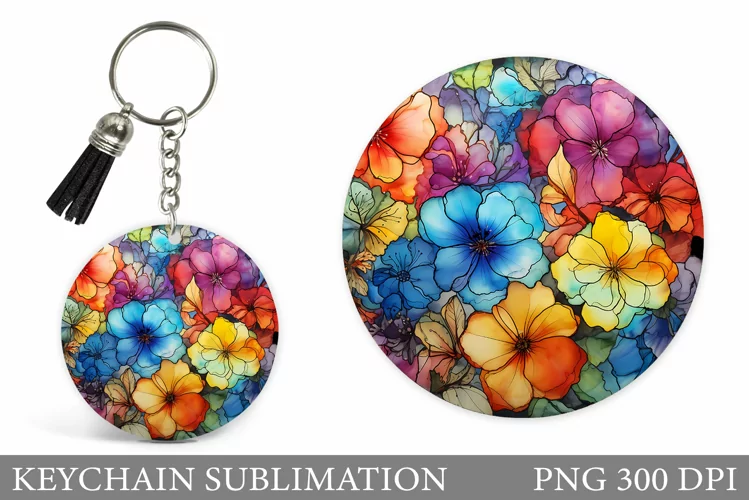 Flowers Keychain Design. Flowers Round Keychain Template