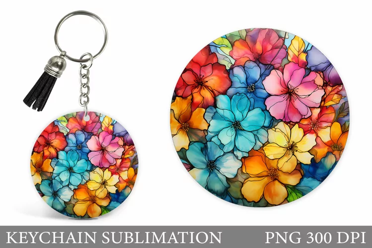 Flowers Keychain Sublimation. Flowers Round Keychain