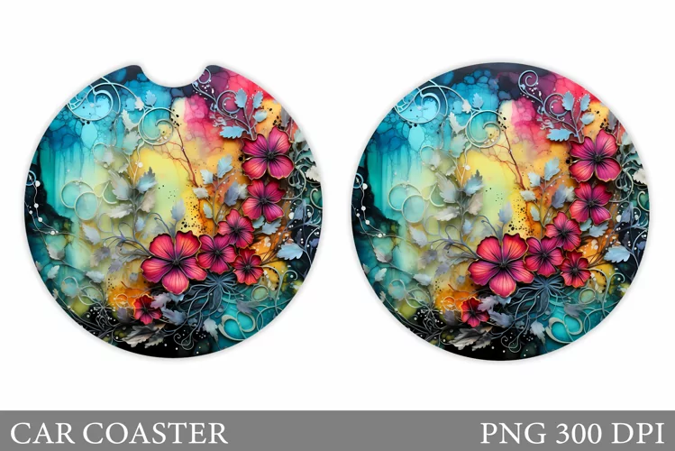 Alcohol Ink Car Coaster. Flowers Car Coaster Design