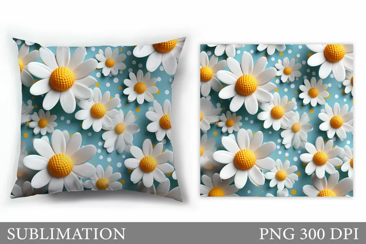 3D Daisy Flowers Pillow Design. 3D Flowers Sublimation