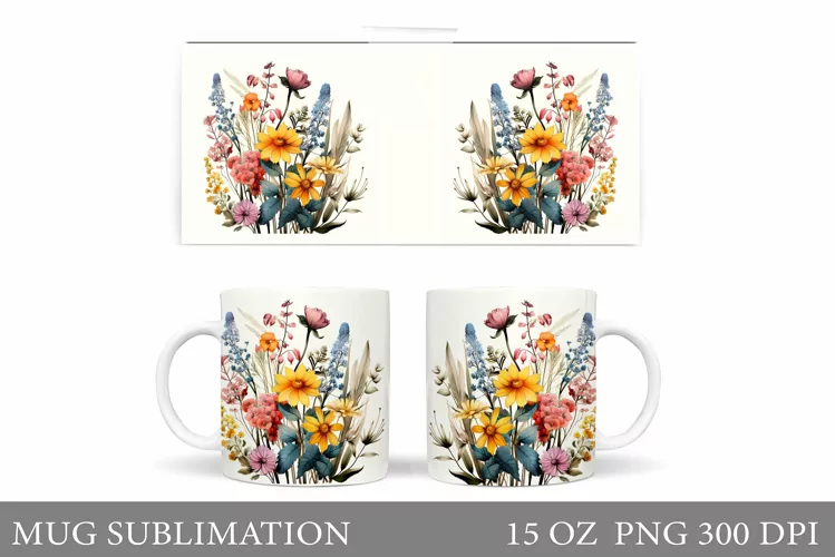 Flowers Mug Wrap Design. Wildflowers Mug Sublimation