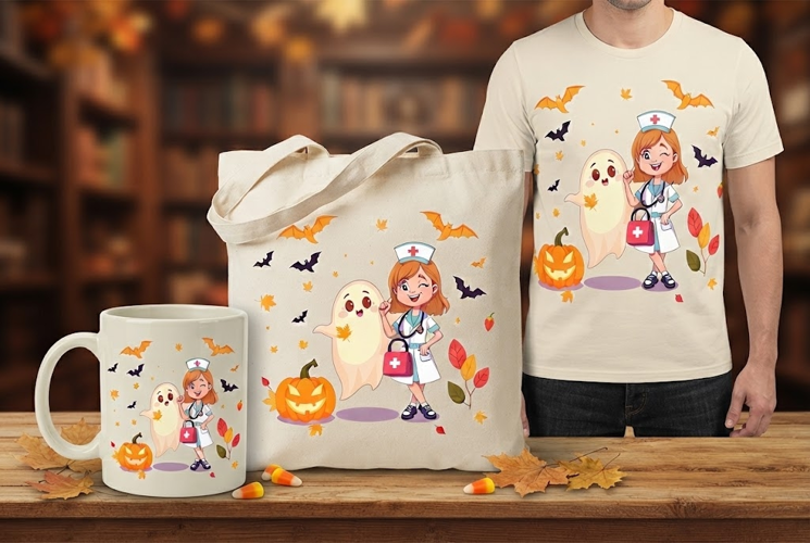 Halloween Nurse PNG | Cute Nurse Girl & Ghost Pumpkin Clipar