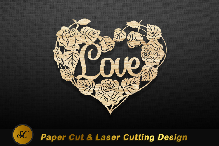 Heart shaped rose love design floral wood Laser cut