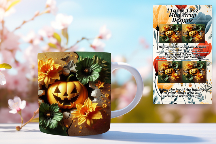 Trendy 11oz Mug Wrap Png Design , 3D Pumpkin