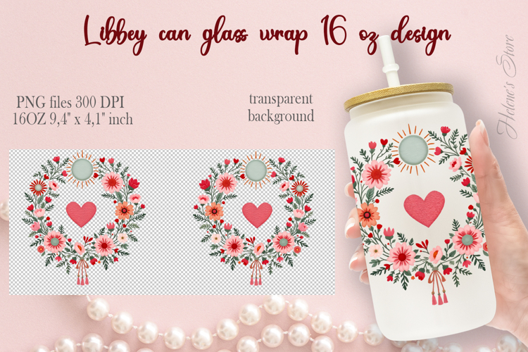 Boho Valentine pattern Libbey Can Glass Wrap 16oz design png