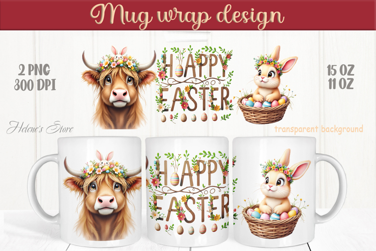 Easter highland cow with bunny mug wrap sublimation design