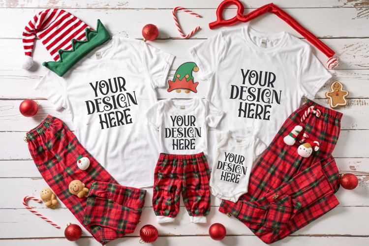 Christmas Family Matching Shirt Mockup | Cozy Boho Flat Lay