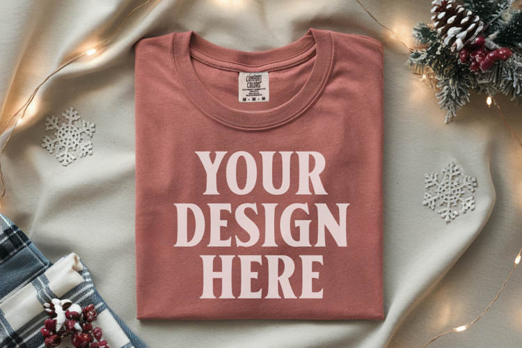 Brick Comfort Colors 1717 Christmas Folded T-Shirt Mockup