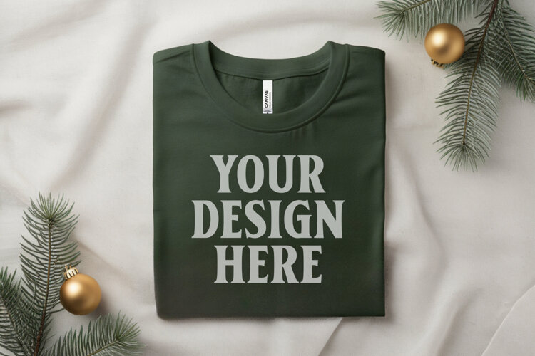 Christmas Bella Canvas 3001 Forest Green Folded Tshirt Mocku example image 1
