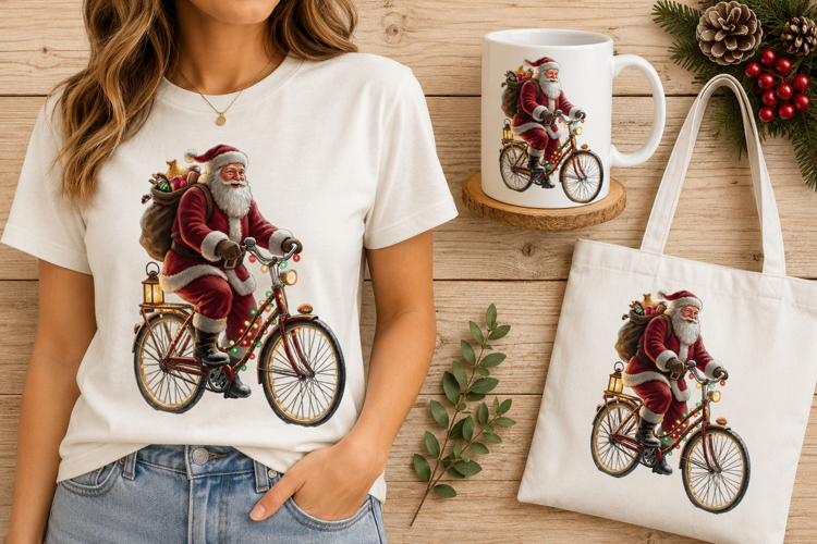 Santa Claus Riding Bicycle Christmas Lights Holiday Art