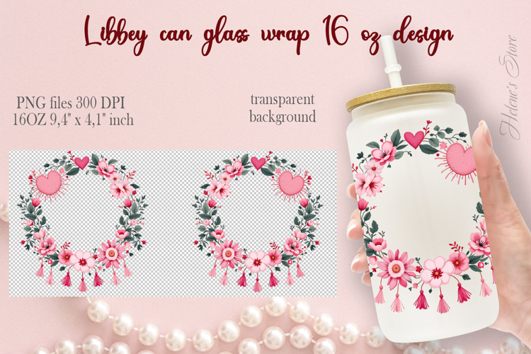 Boho Valentine pattern Libbey Can Glass Wrap 16oz design png