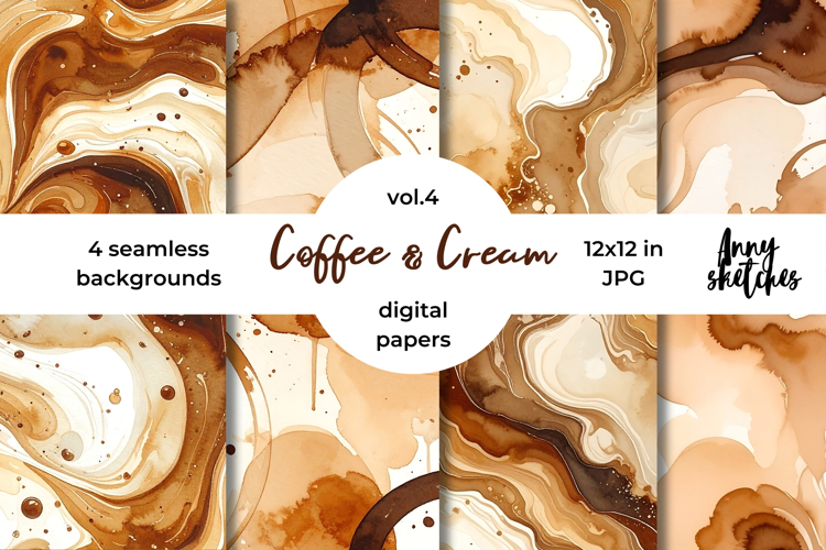 Coffee & Cream Digital Paper Watercolor Seamless Patterns