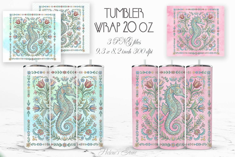 Boho ocean seahorse pastel straight tumbler 20oz wrap design