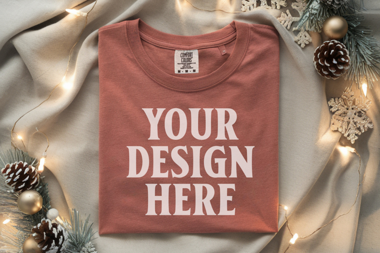 Brick Comfort Colors 1717 Christmas Folded T-Shirt Mockup