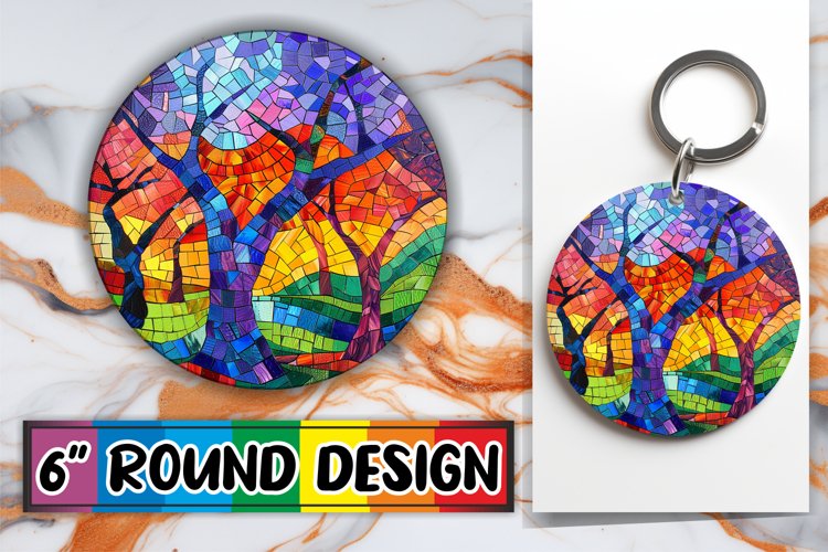 Stained Glass Tree Keychain Colorful Round Design Sublimatio example image 1