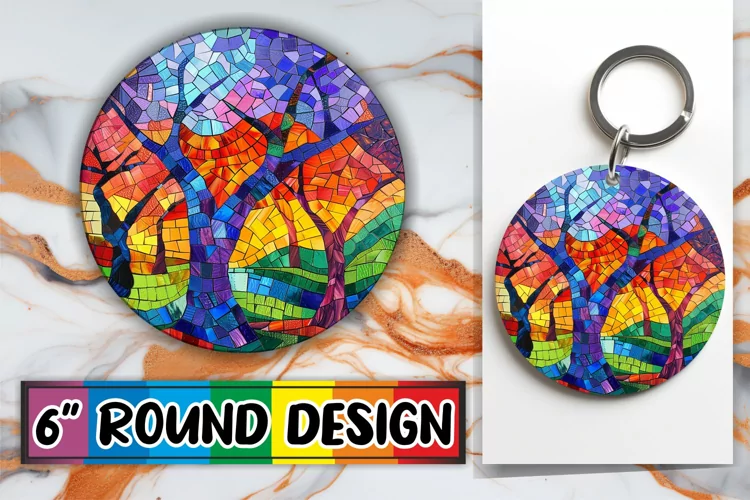 Stained Glass Tree Keychain Colorful Round Design Sublimatio