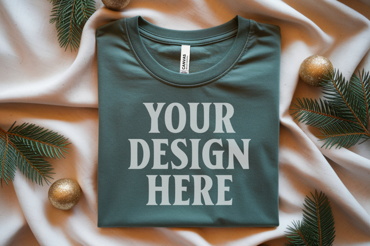Christmas Bella Canvas 3001 Forest Green Folded Tshirt Mocku