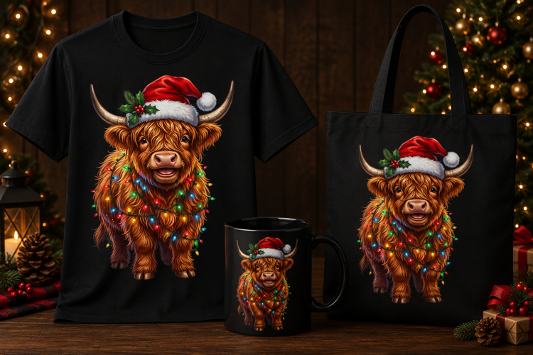 Christmas Highland Cow PNG with Santa Hat & Holiday Lights