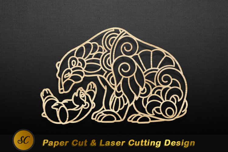 Mother bear cub playful wood cutout image Laser cut