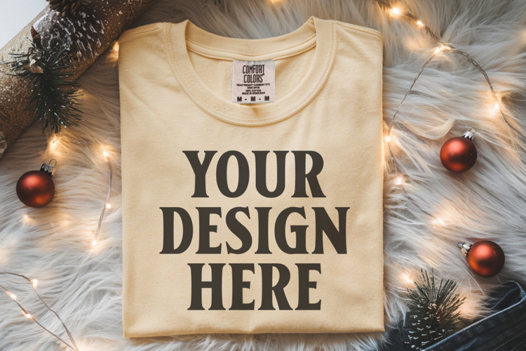 Butter Comfort Colors 1717 Christmas Folded T-Shirt Mockup